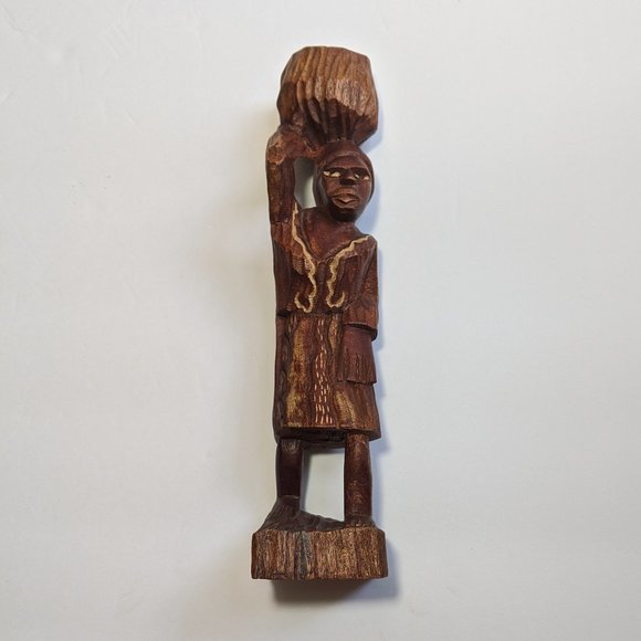 Handmade Carved African Black Woman Carrying a Basket Wood Statue Native Decor - Picture 1 of 9